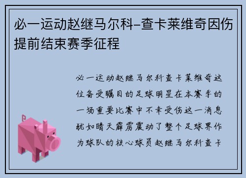必一运动赵继马尔科-查卡莱维奇因伤提前结束赛季征程