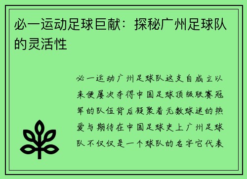 必一运动足球巨献：探秘广州足球队的灵活性