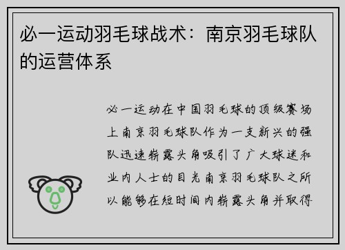 必一运动羽毛球战术：南京羽毛球队的运营体系